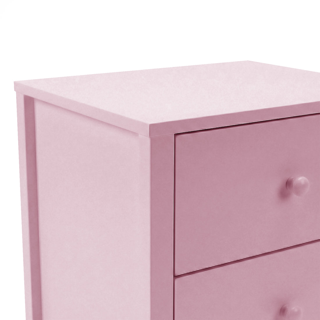 Partial view of pink chest of drawers showing top surface and two upper drawers on white background