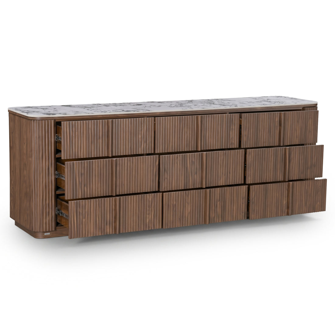Wooden dresser with multiple partially open drawers on white background