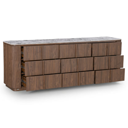 Wooden dresser with multiple partially open drawers on white background