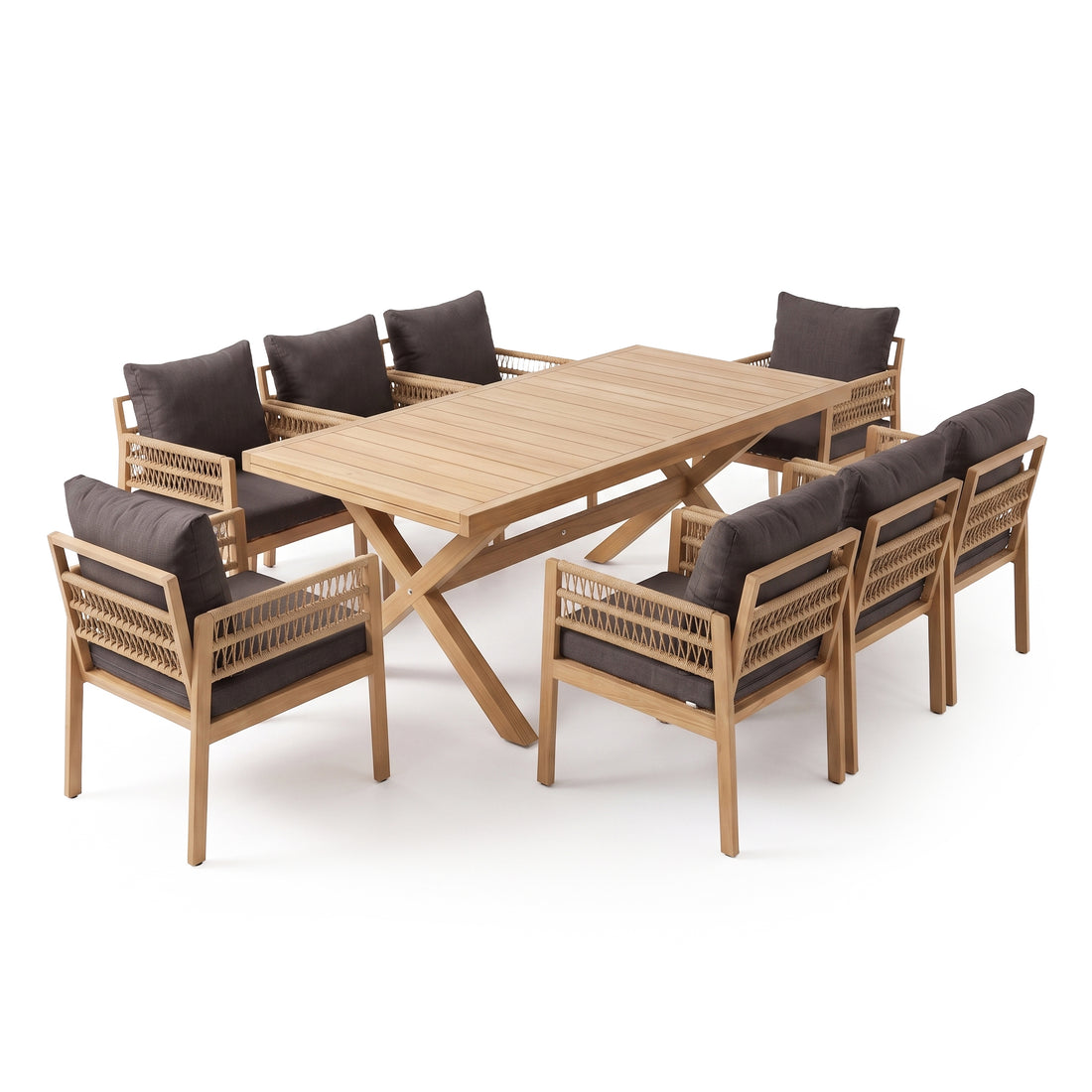 Complete outdoor dining set with wooden table and eight matching chairs on white background