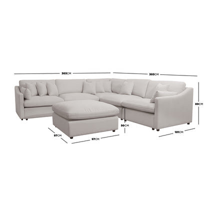 White sectional sofa with ottoman on white background and dimension measurements