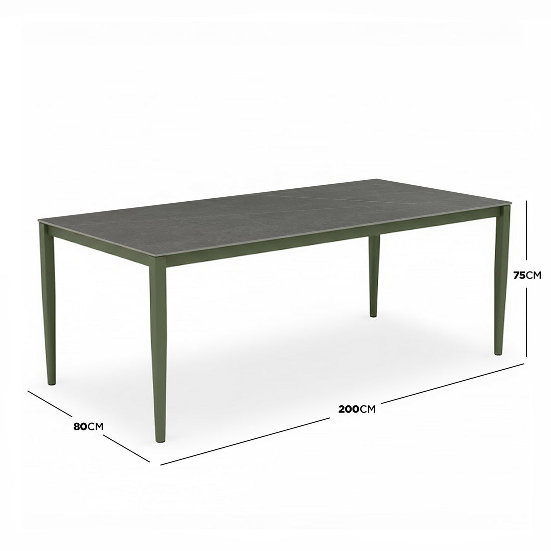 Cabria 9 Piece Sintered Stone Outdoor Dining Set in Green features a dark-gray slab-style tabletop with slim olive-green tapered legs, measuring 200cm by 80cm by 75cm, illustrated with dimensions.