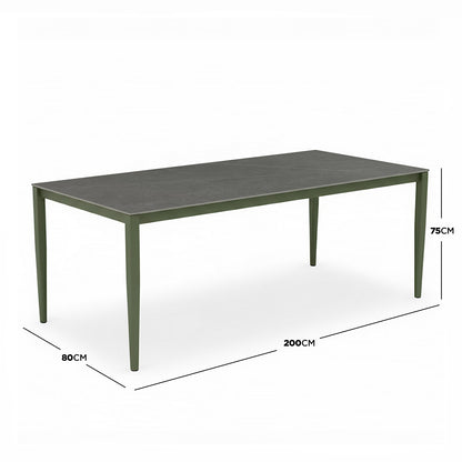 Cabria 9 Piece Sintered Stone Outdoor Dining Set in Green features a dark-gray slab-style tabletop with slim olive-green tapered legs, measuring 200cm by 80cm by 75cm, illustrated with dimensions.