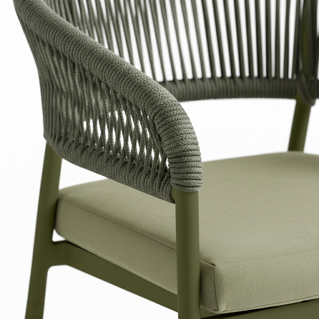 Coastal Outdoor Rope Dining Chairs Set of 2 in Green, featuring an olive-green powder-coated frame, cushioned green seat, and curved backrest of tightly wound rope strands, embodying modern coastal style.