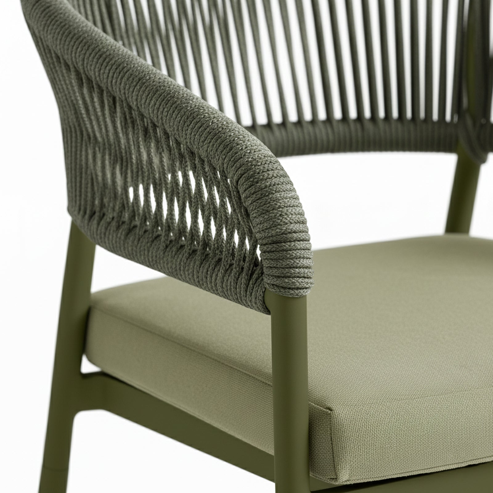 Coastal Outdoor Rope Dining Chairs Set of 2 in Green, featuring an olive-green powder-coated frame, cushioned green seat, and curved backrest of tightly wound rope strands, embodying modern coastal style.