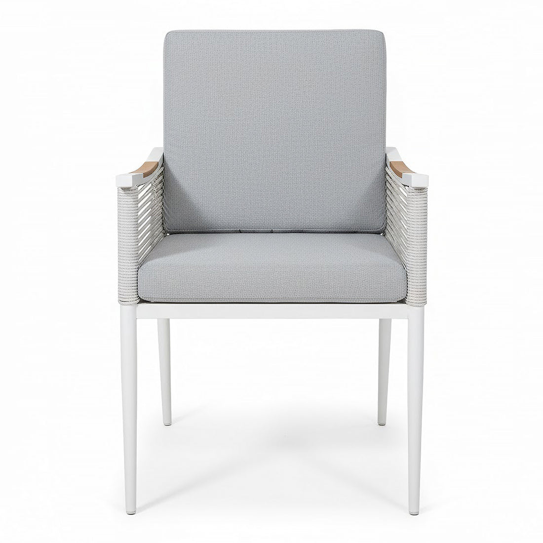 Casara 9 Piece Outdoor Dining Set in White and Grey features a modern armchair with a slim white metal frame, light gray cushions, and rope-wrapped armrests, suitable for stylish indoor or patio use.