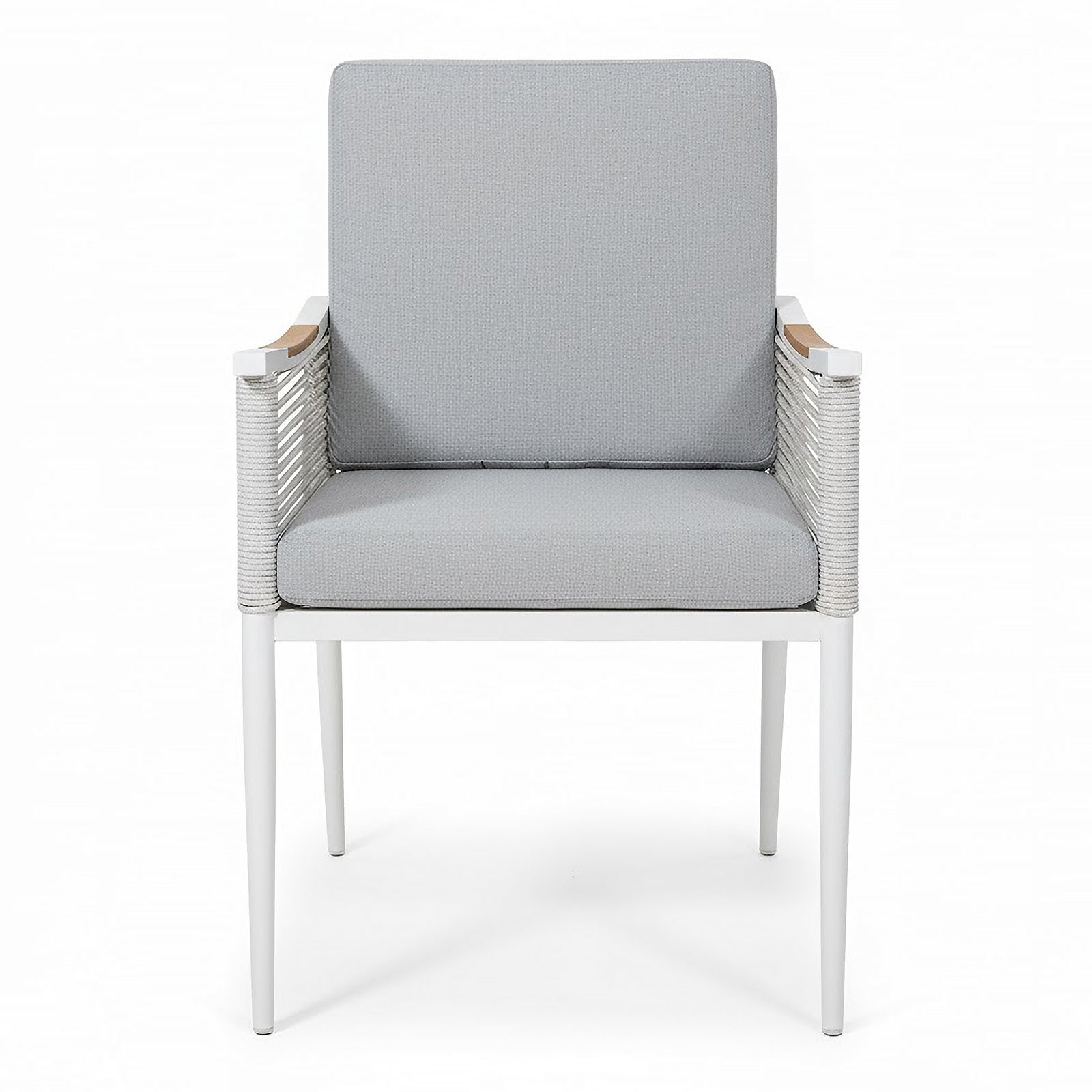 Casara 9 Piece Outdoor Dining Set in White and Grey features a modern armchair with a slim white metal frame, light gray cushions, and rope-wrapped armrests, suitable for stylish indoor or patio use.