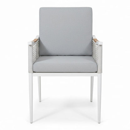Casara 9 Piece Outdoor Dining Set in White and Grey features a modern armchair with a slim white metal frame, light gray cushions, and rope-wrapped armrests, suitable for stylish indoor or patio use.