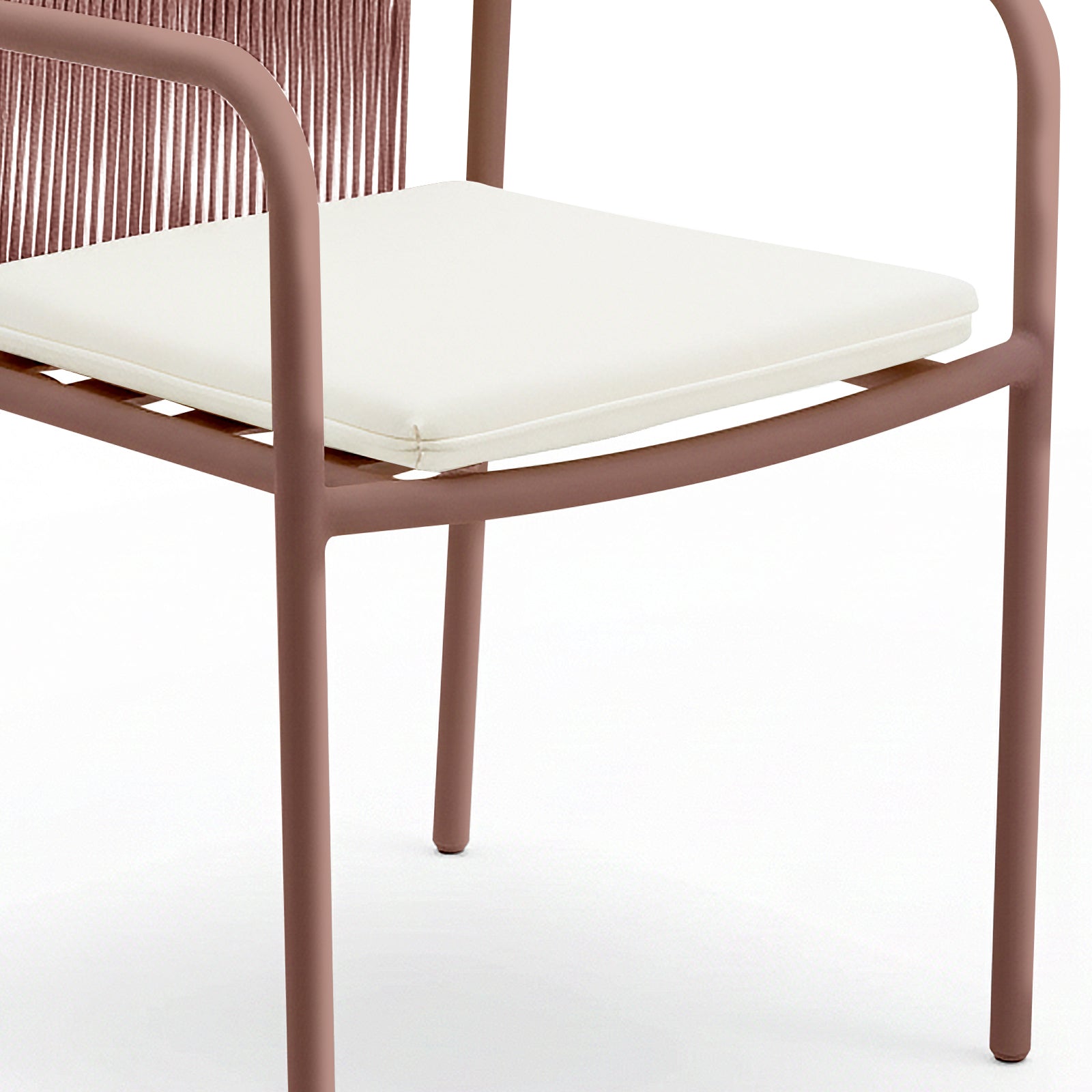 Evone Aluminium Rope Outdoor Dining Chair in Terracotta features a slim, powder-coated metal frame with a white seat cushion and a woven backrest, highlighting its modern and coastal-inspired design.