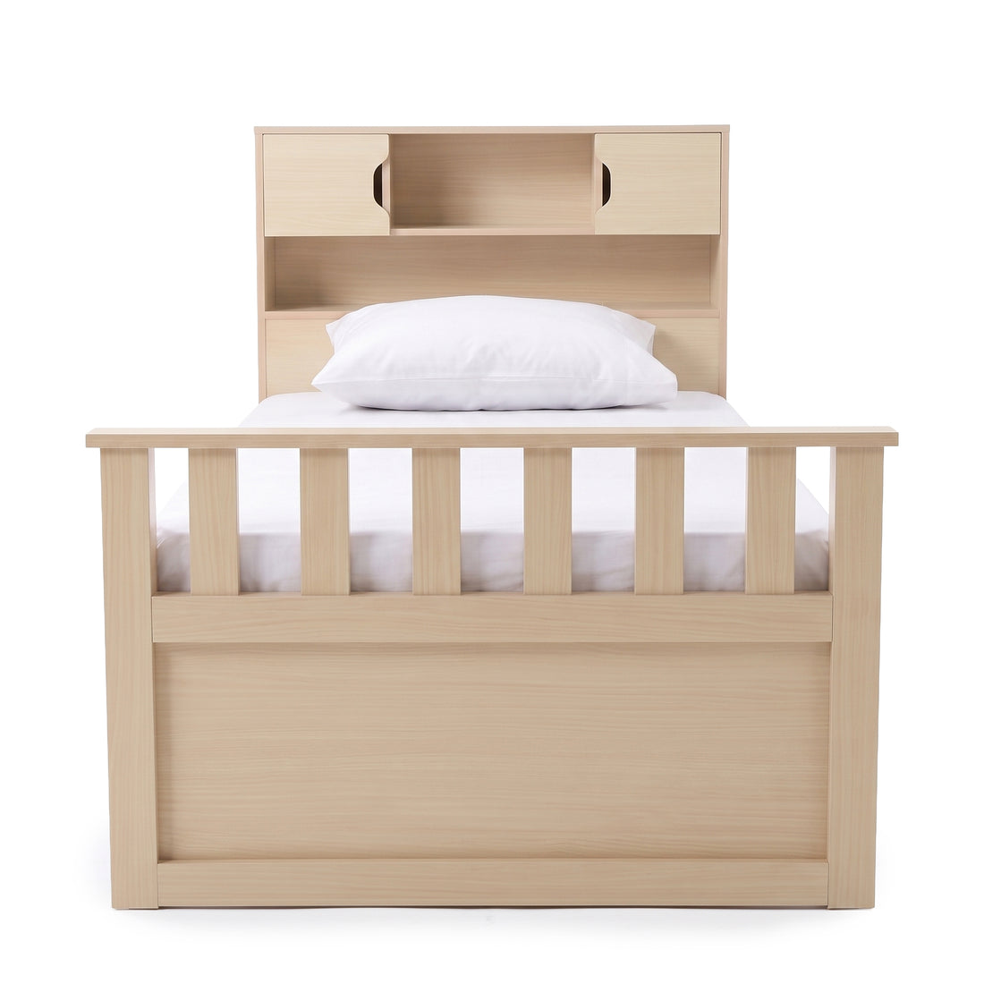 Single wooden bed with storage shelves and cabinets on a white background