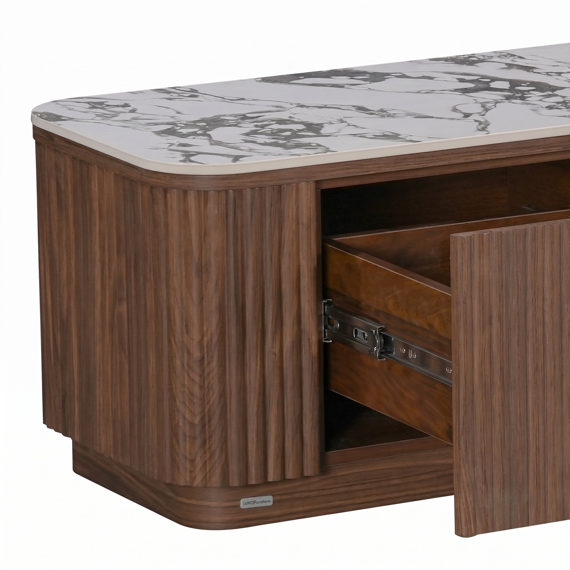 Wooden storage unit with marble-patterned top on white background, partially cropped