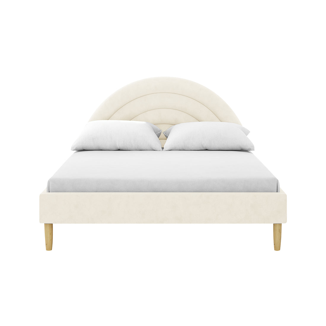 Estilla Velvet Rainbow Bed in Beige features an arched, tufted headboard and low-profile footboard with wooden tapered legs. It offers luxury with soft velvet upholstery and practical under-bed storage space.