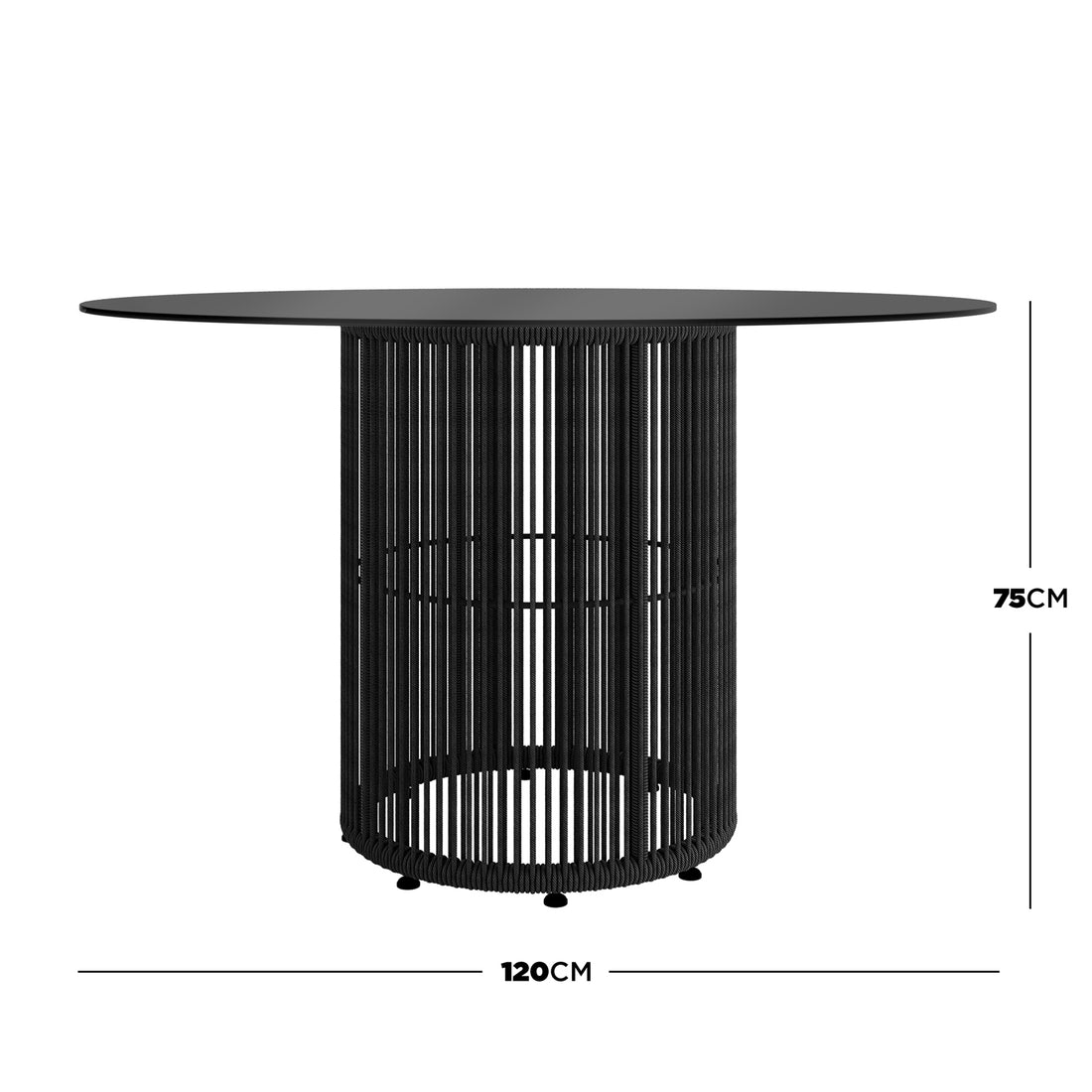 Vellora 4 Seater Wicker Outdoor Dining Set in Black featuring a round dining table with a black tabletop and sculptural cylindrical base, highlighting its modern design on a white background.