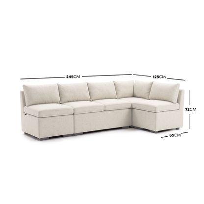 Cream L-shaped sectional sofa with dimension measurements displayed