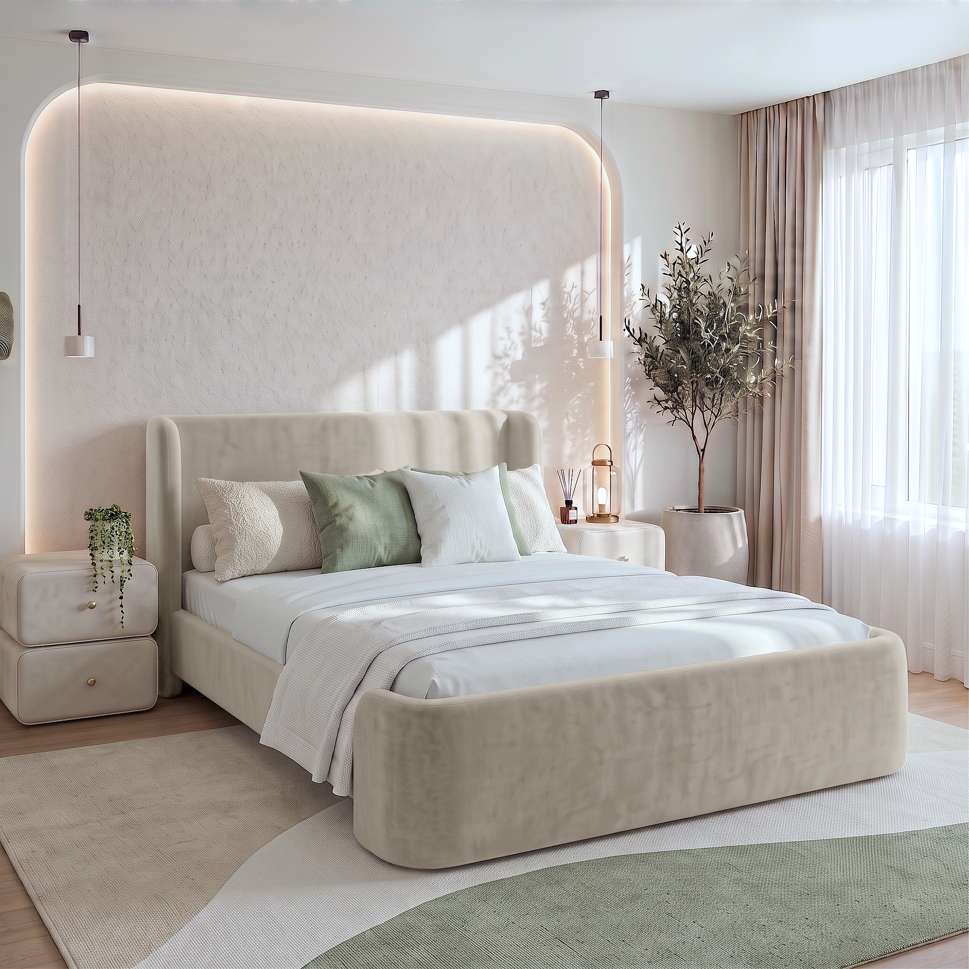 Upholstered bed styled in a modern furnished bedroom