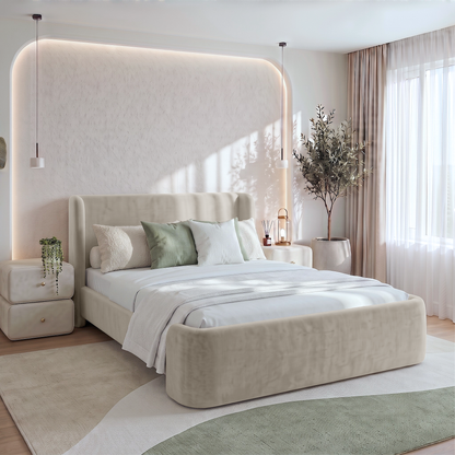 Upholstered bed styled in a modern furnished bedroom