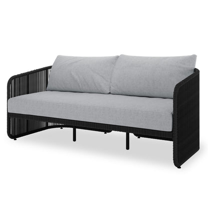 Solari 4 Seater Wicker Outdoor Sofa Set in Black features a modern loveseat with a black rope-wrapped frame, light-grey cushions, on slender metal legs, ideal for stylish indoor/outdoor relaxation.