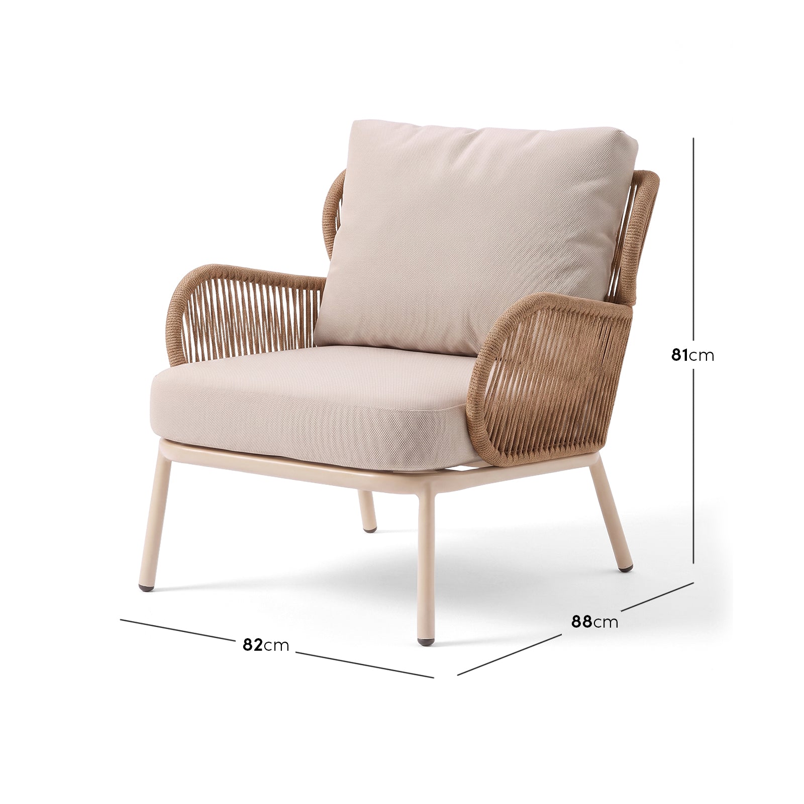 Single lounge chair on white background with dimensions labeled 81 cm by 82 cm by 88 cm