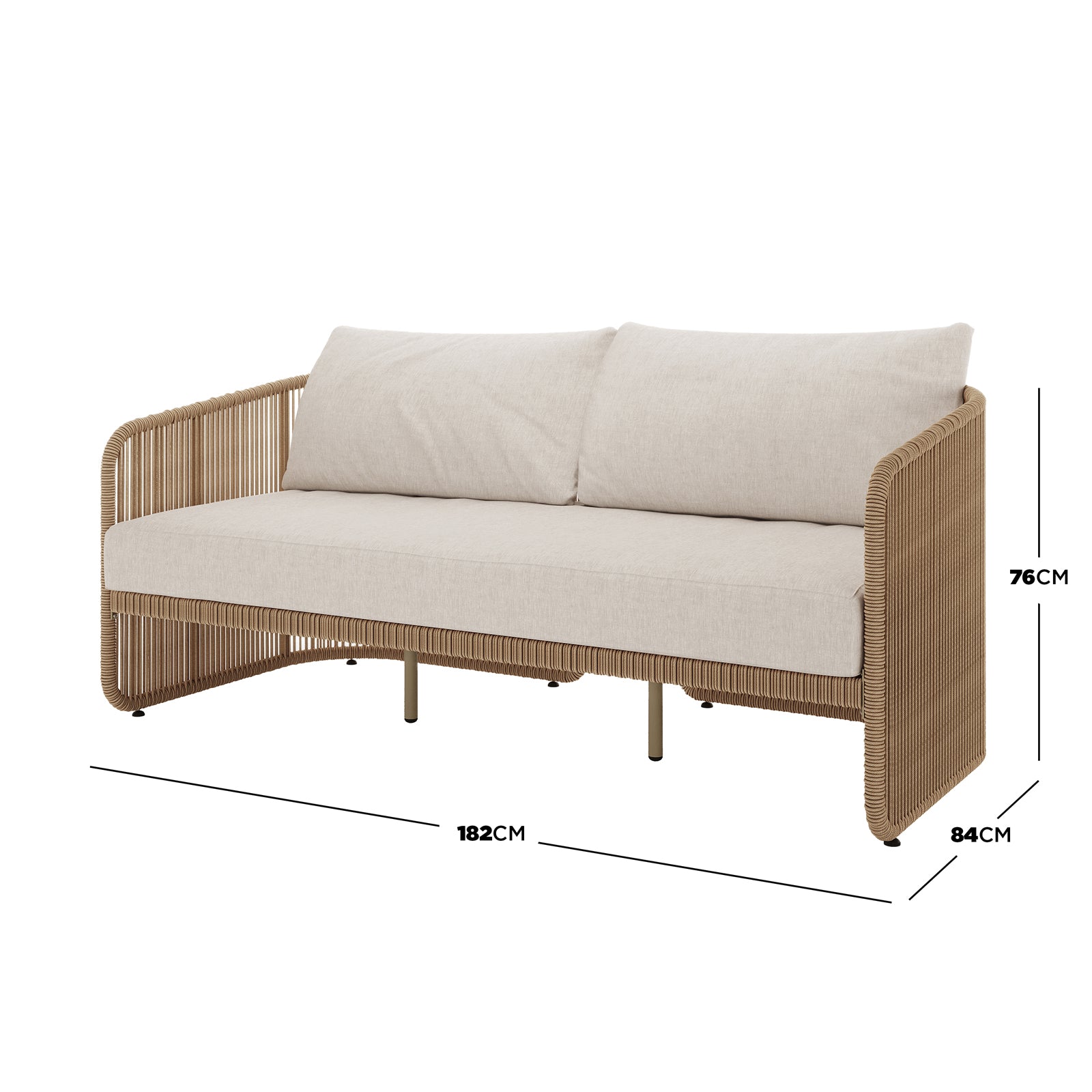Solari 4 Seater Wicker Outdoor Sofa Set in Natural features a tubular metal frame wrapped in rope, with a light-beige cushion set. Dimensions: 182cm wide, 84cm deep, 76cm tall.