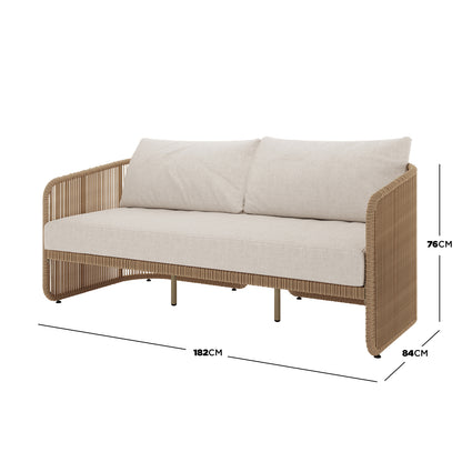Solari 4 Seater Wicker Outdoor Sofa Set in Natural features a tubular metal frame wrapped in rope, with a light-beige cushion set. Dimensions: 182cm wide, 84cm deep, 76cm tall.