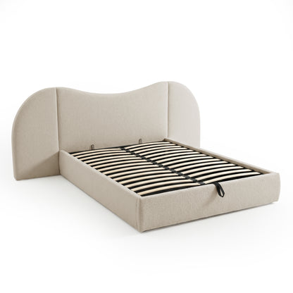Upholstered bed frame with visible slats on white background