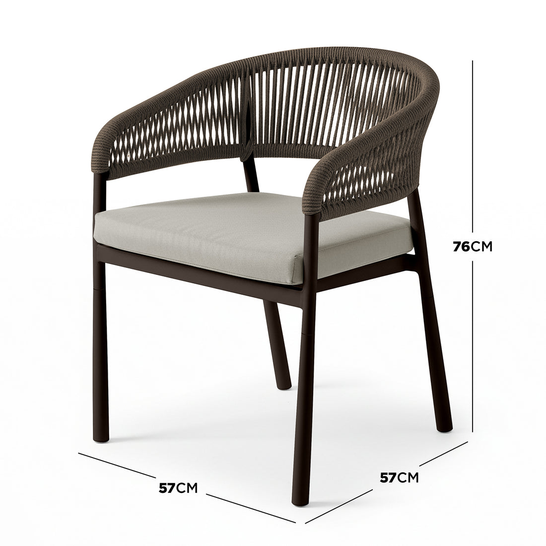 Coastal Outdoor Rope Dining Chairs Set of 2 in Brown features a dark brown tubular metal frame, curved rope back and armrest, and light-beige removable cushions, perfect for modern patio or garden settings.