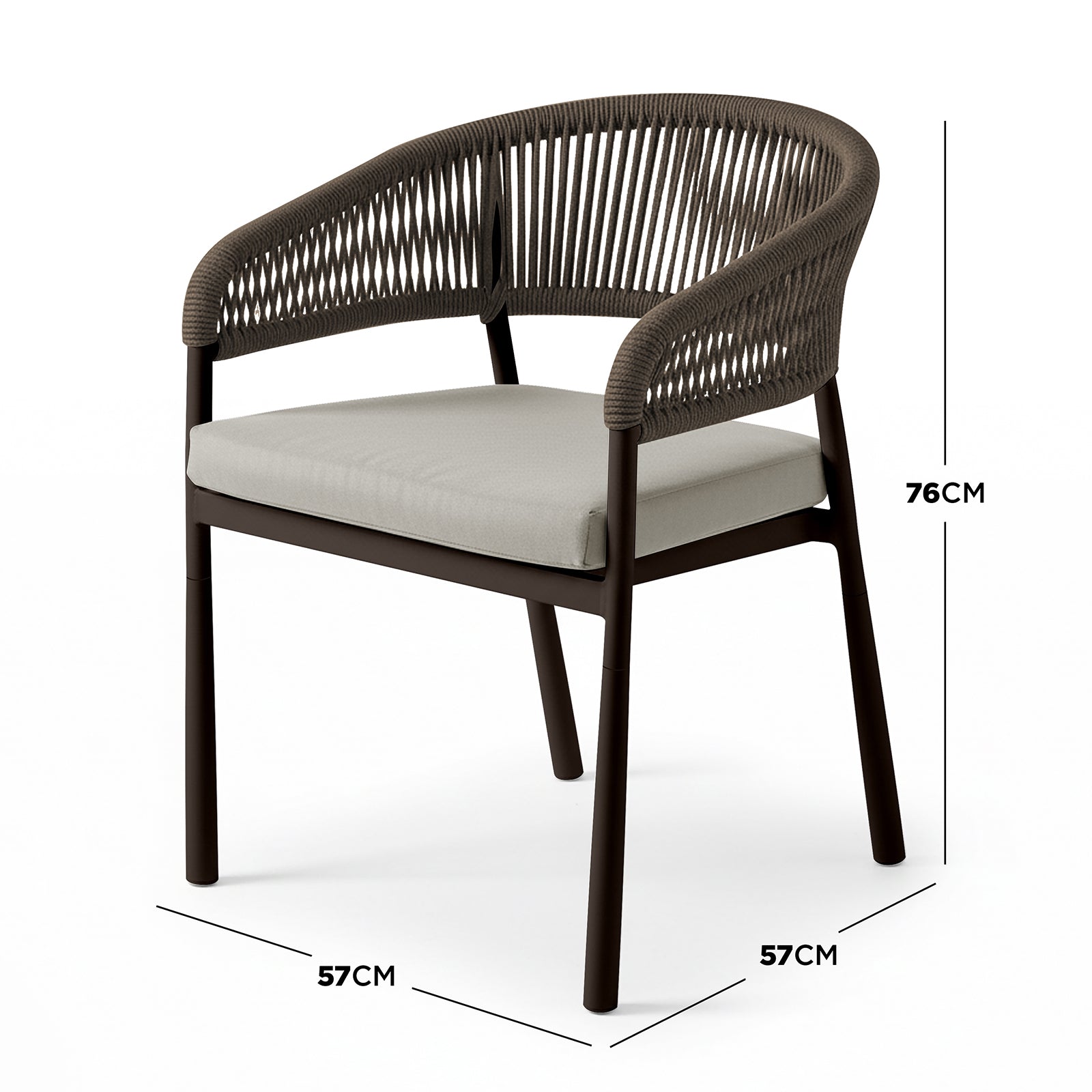 Coastal Outdoor Rope Dining Chairs Set of 2 in Brown features a dark brown tubular metal frame, curved rope back and armrest, and light-beige removable cushions, perfect for modern patio or garden settings.