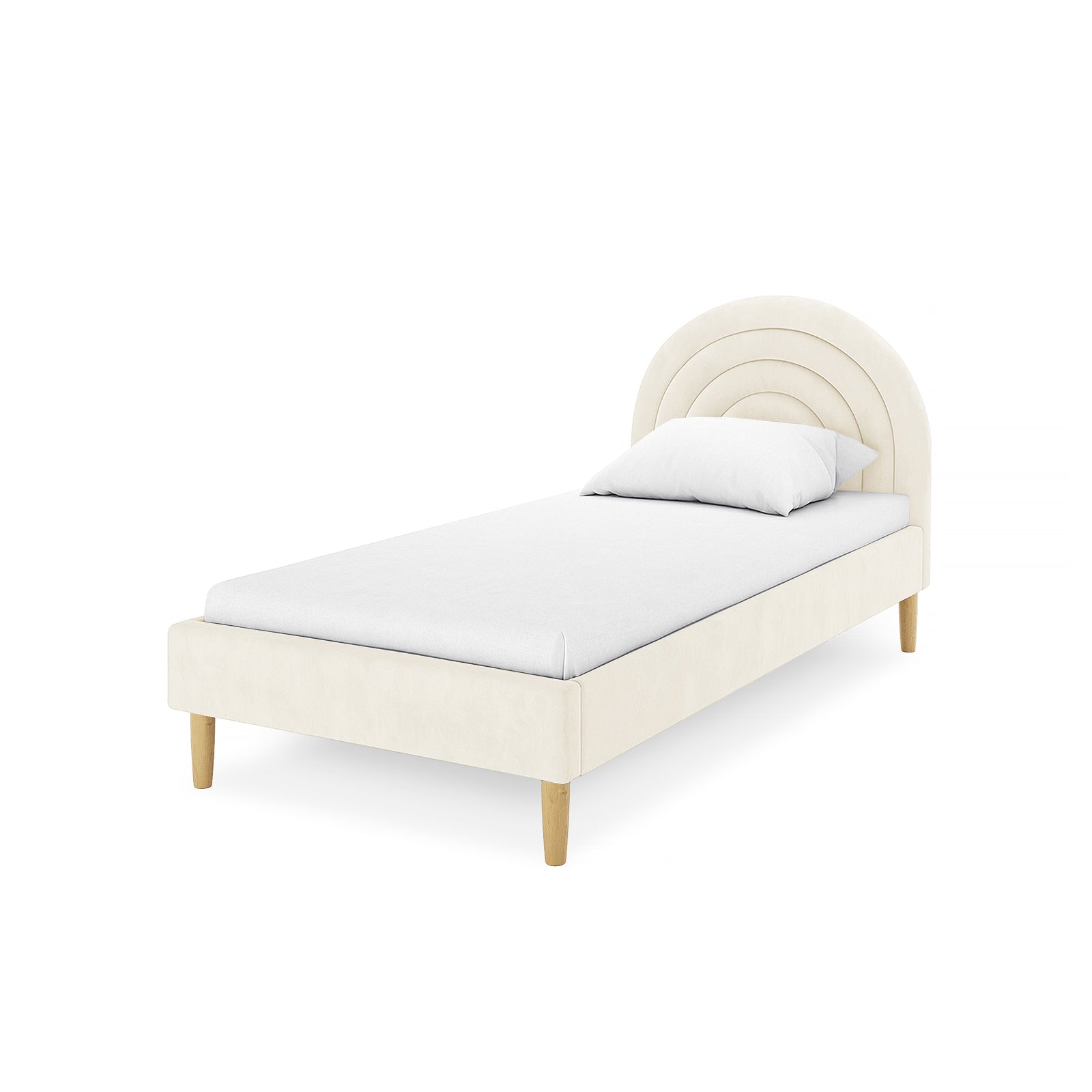 Estilla Velvet Rainbow Bed in Beige features a concentric-panel headboard, cream upholstery, and tapered wood legs, offering both comfort and style with its soft velvet finish and practical design.