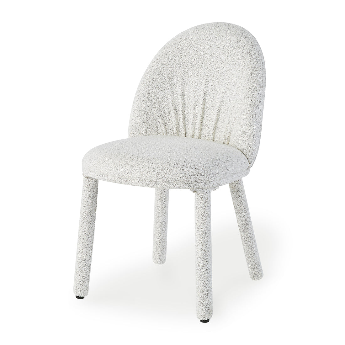 Joren Boucle Arched Dining Chair Set of 2 in Cream features a rounded backrest, padded seat in textured fabric, and cylindrical legs. Ideal for modern dining spaces with its minimalist design.