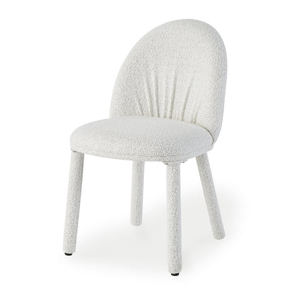 Joren Boucle Arched Dining Chair Set of 2 in Cream features a rounded backrest, padded seat in textured fabric, and cylindrical legs. Ideal for modern dining spaces with its minimalist design.