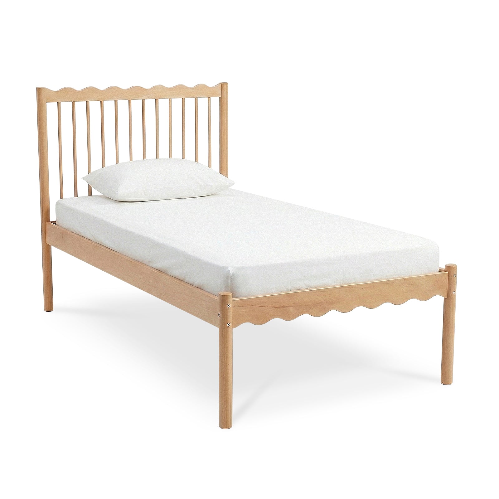 Wooden single bed frame with slatted headboard and pillow on white background