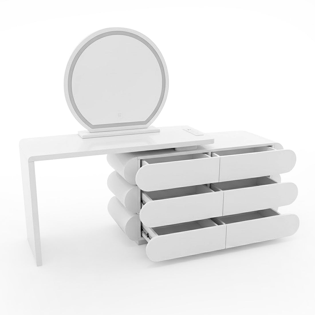 Alora LED Mirror Makeup Vanity Table with Storage in White features a sleek design with a leg-supported surface, six rounded-front drawers, and a centered circular mirror, offering a minimalist and contemporary look.