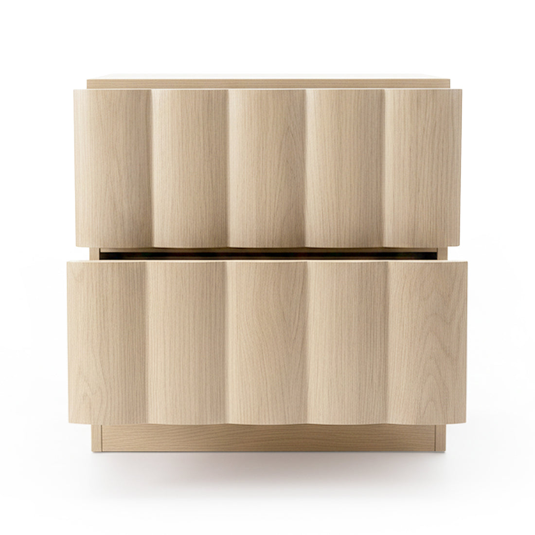 Light-colored wood nightstand with wavy drawer fronts on white background