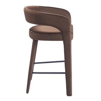 Modern brown upholstered bar stool on white background, full view