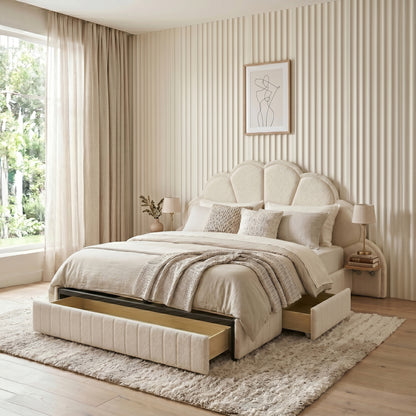 Cream upholstered bed in a bedroom setting with under-bed storage drawer open