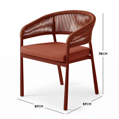 Coastal Outdoor Rope Dining Chairs Set of 2 in Burnt Orange showcase a tubular terracotta metal frame and woven rope backrest, featuring a matching cushioned seat, perfect for modern outdoor settings.