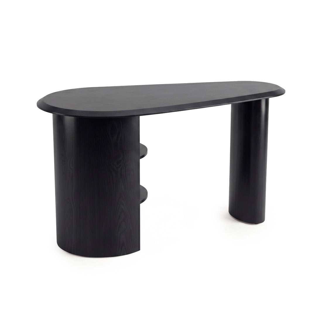 Contemporary black desk with rounded tabletop and column-like legs on a white background