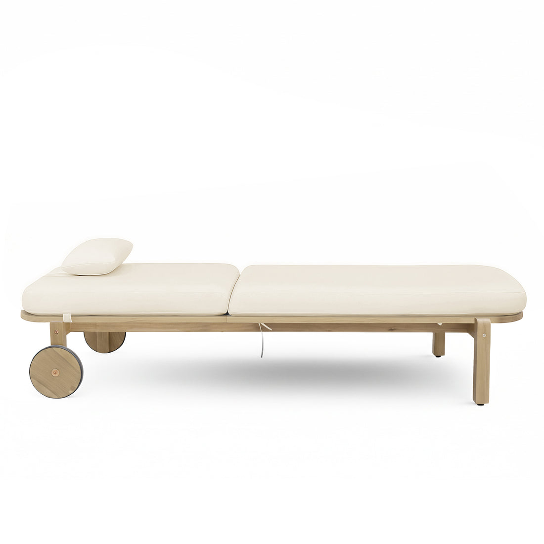 Zyra Hardwood Reclining Sun Lounger with Cushion in Cream features a light-wood frame, two large wheels, off-white cushions, and an adjustable backrest, ideal for outdoor relaxation.
