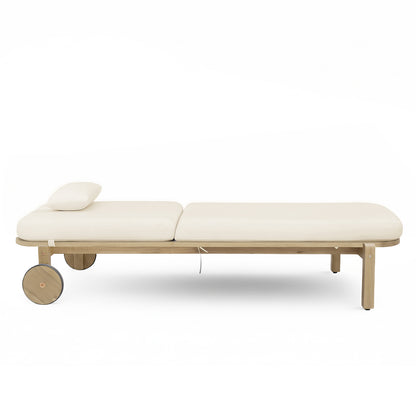 Zyra Hardwood Reclining Sun Lounger with Cushion in Cream features a light-wood frame, two large wheels, off-white cushions, and an adjustable backrest, ideal for outdoor relaxation.