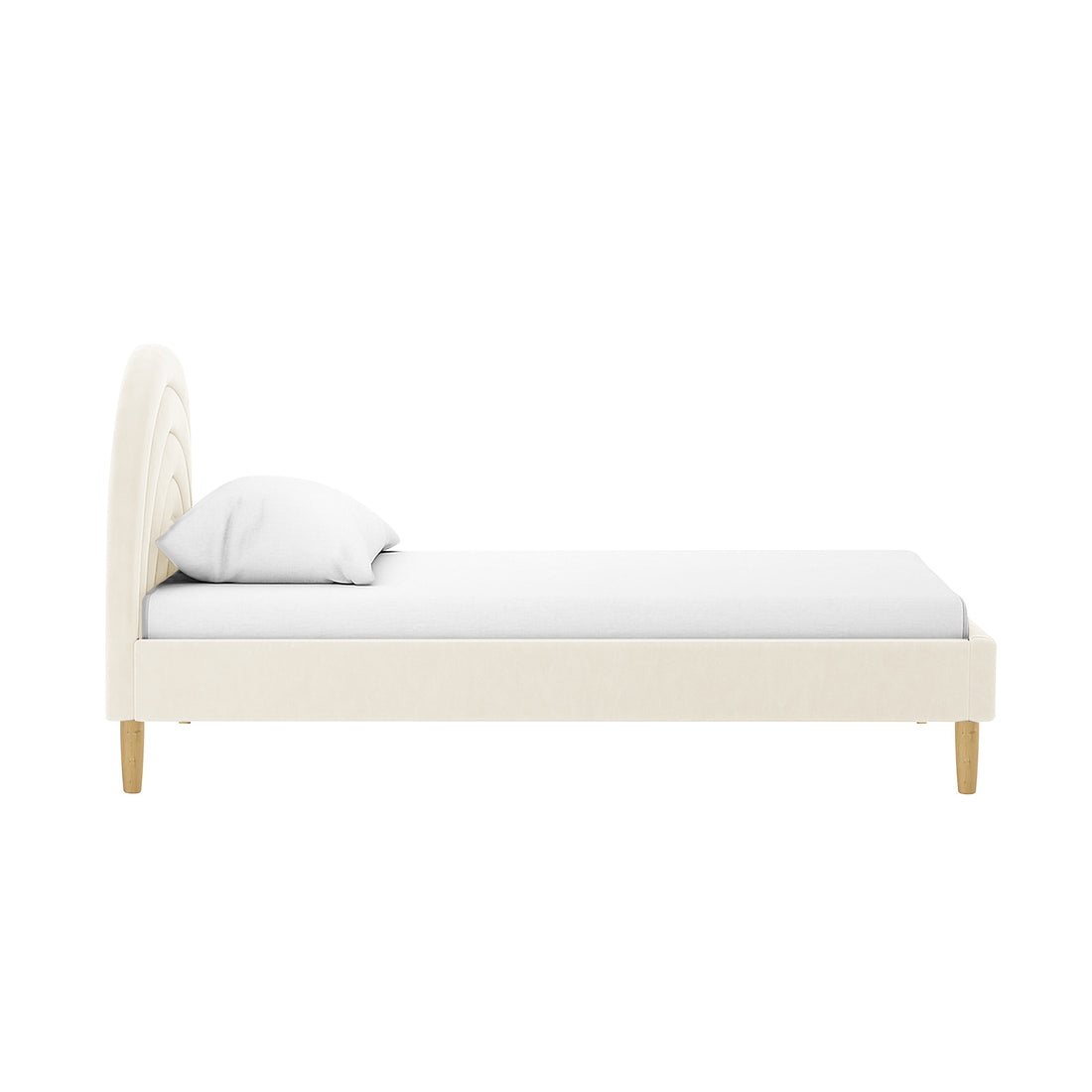 Estilla Velvet Rainbow Bed in Beige features a softly arched, channel-stitched headboard with matching low foot and side rails, completed with a white mattress and pillow on tapered wooden legs.