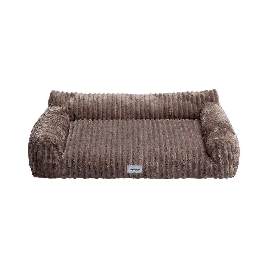 Brown corduroy pet bed on white background showing full product