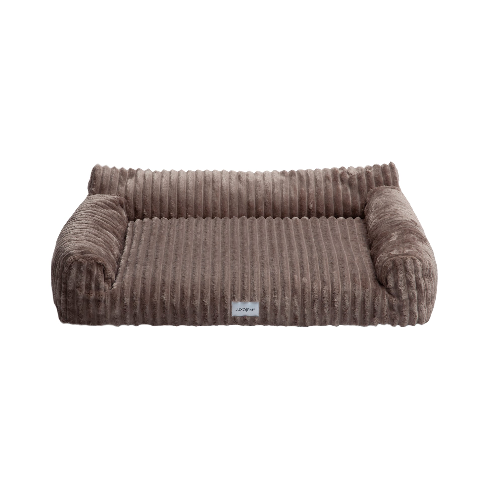 Brown corduroy pet bed on white background showing full product