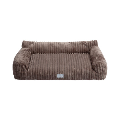 Brown corduroy pet bed on white background showing full product