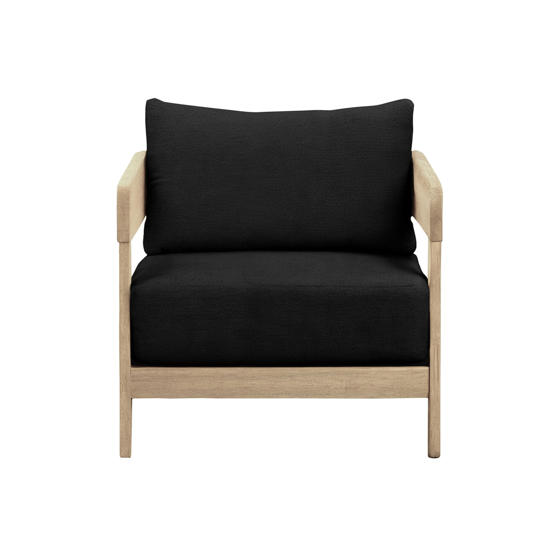 Elani 5 Seater Acacia Hardwood Outdoor Sofa Set in Black features a single-seat armchair with a light wooden frame and thick black cushions, blending natural warmth with modern comfort.