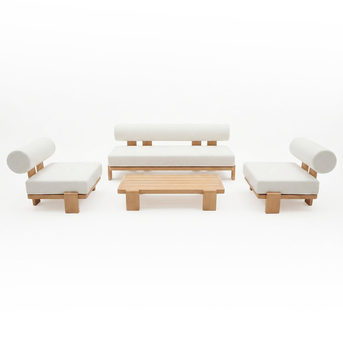 Modica 5 Seater Aluminium Outdoor Sofa Set in White with a three-seat bench, two lounge chairs with bolster pillows, and a low slatted coffee table, all in light wood finish.