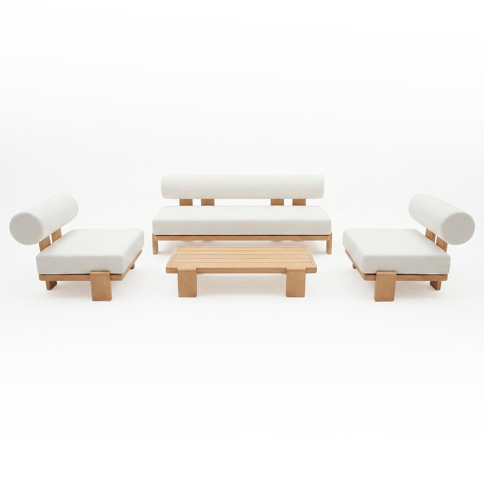 Modica 5 Seater Aluminium Outdoor Sofa Set in White with a three-seat bench, two lounge chairs with bolster pillows, and a low slatted coffee table, all in light wood finish.