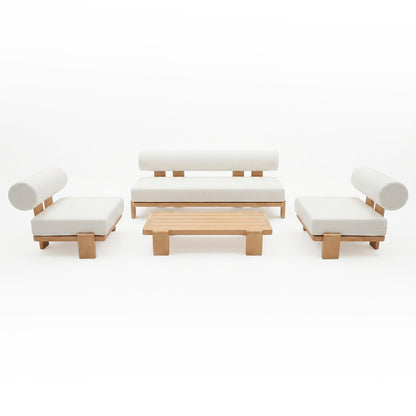 Modica 5 Seater Aluminium Outdoor Sofa Set in White with a three-seat bench, two lounge chairs with bolster pillows, and a low slatted coffee table, all in light wood finish.