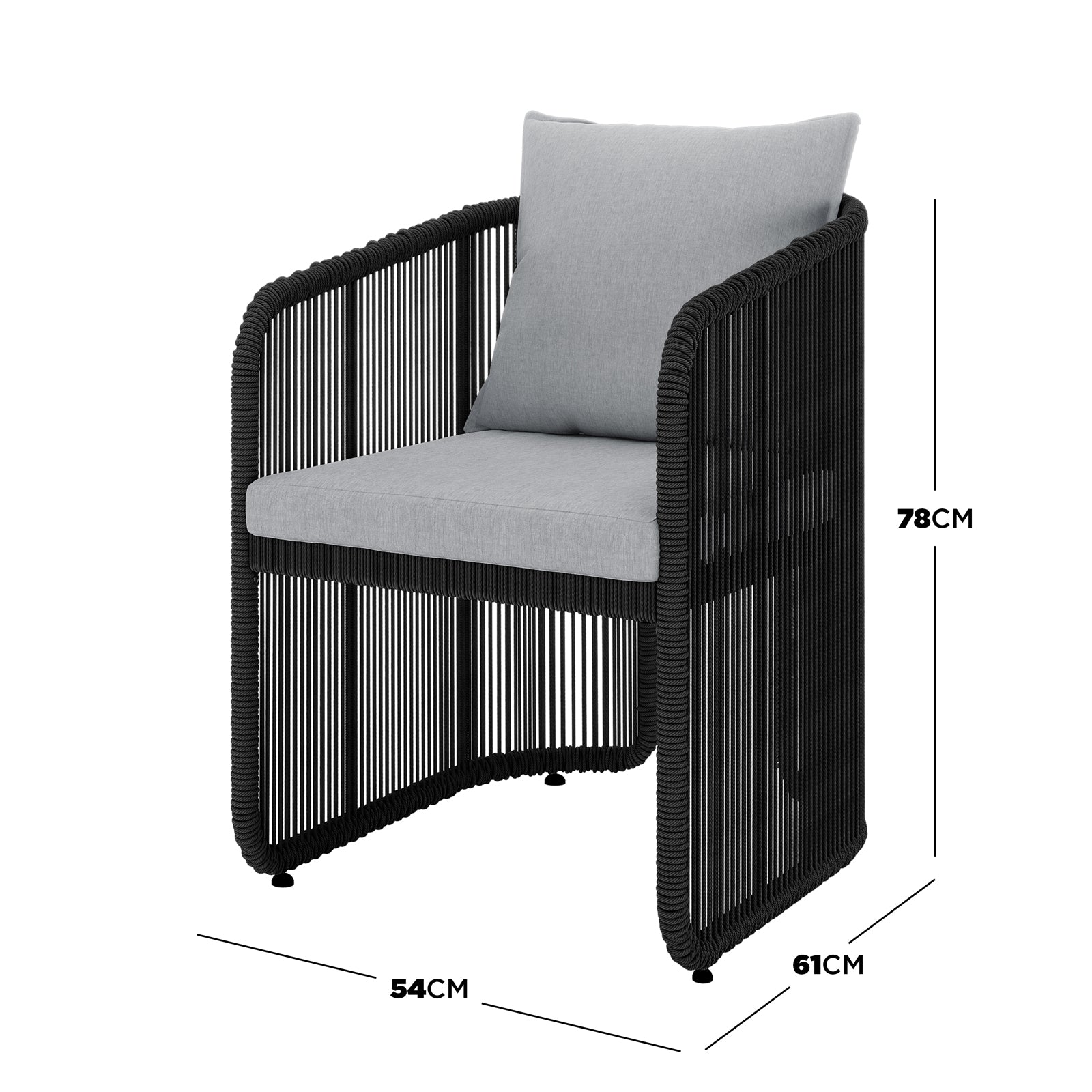 Vellora 4 Seater Wicker Outdoor Dining Set in Black features a black woven-rope armchair with light-gray cushions, shown with dimensions: 54 cm wide, 61 cm deep, 78 cm tall.