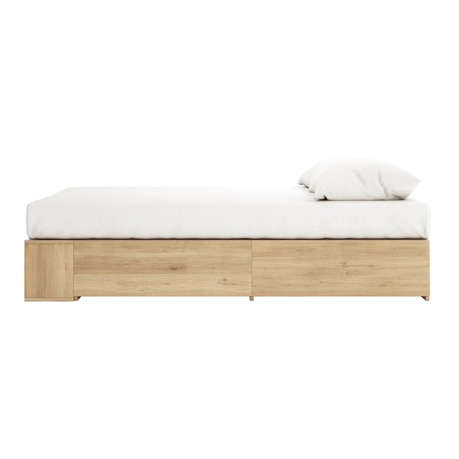 Eulalia King Platform Bed Base with Drawers in Oak, featuring a light wood-grain frame, three storage compartments below, and topped with a white fitted sheet and pillow, on a white background.