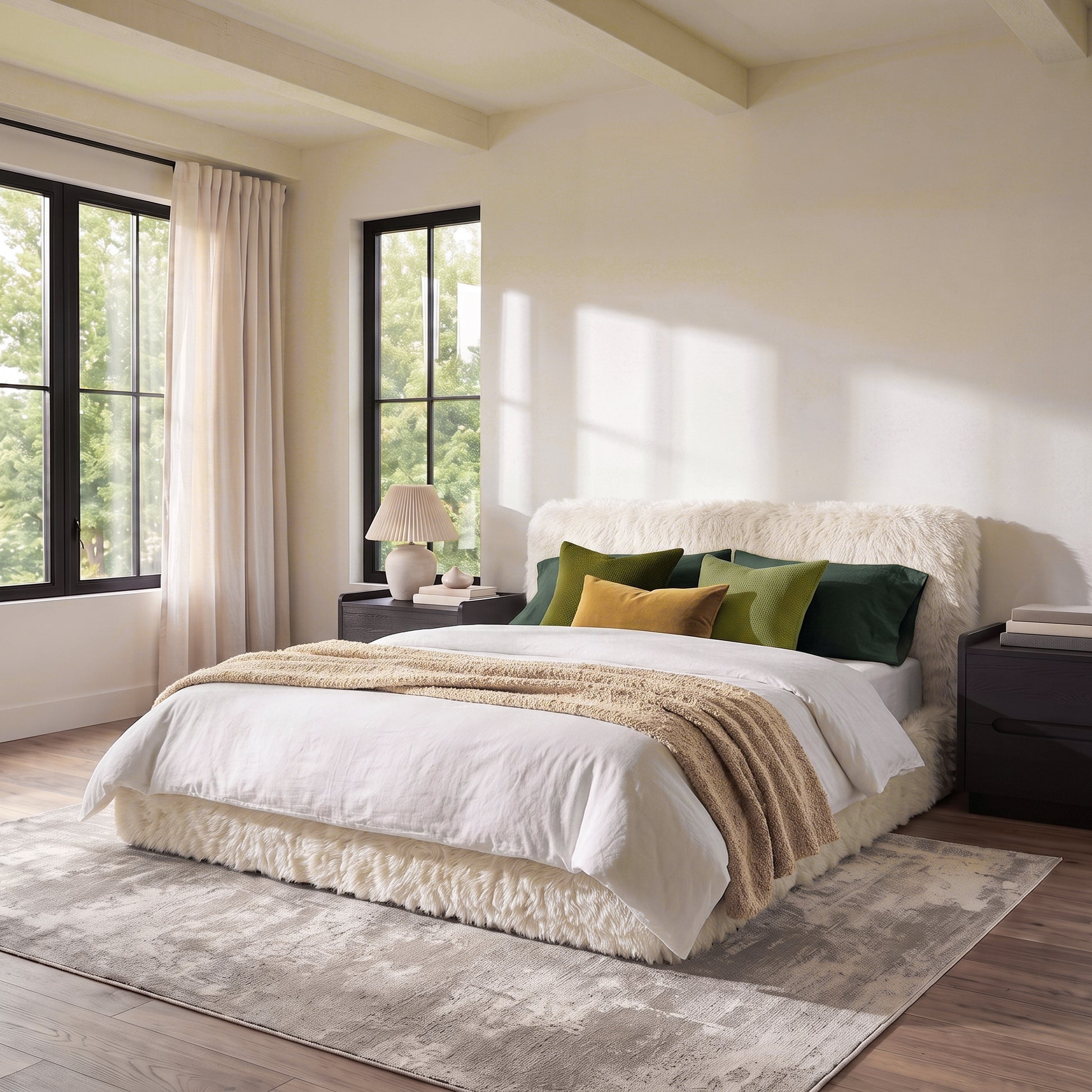 Plush upholstered bed styled in a bright modern bedroom